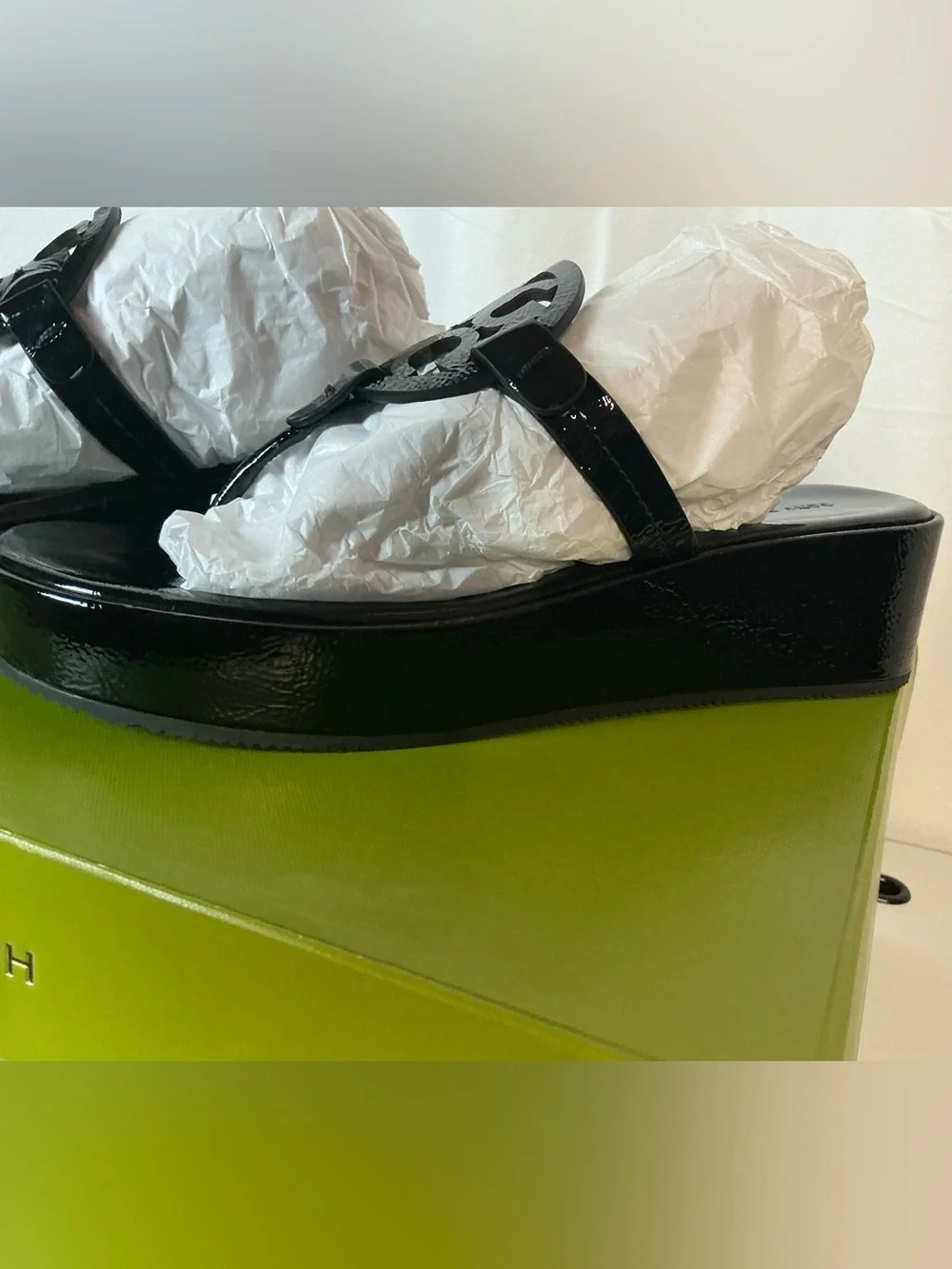 Tory Burch Black Patent Leather Wedge Sandals